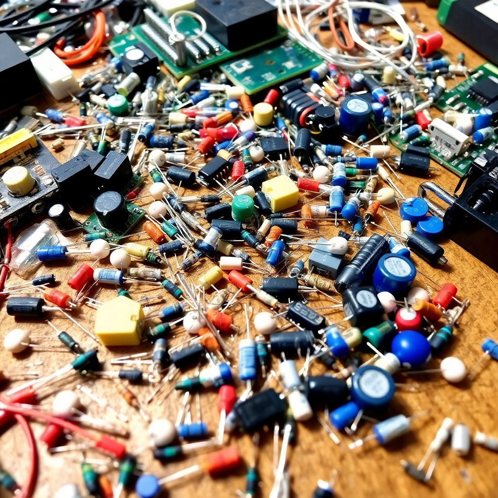 A close-up image of various electronic components and parts spread out on a workbench. The image shows circuit boards, resistors, capacitors, and other electronic components, representing the inventory of an electronic parts supplier.